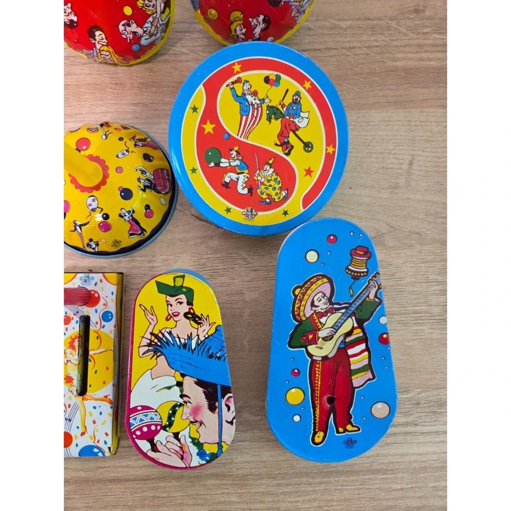 Vintage Tin Noisemaker Large Lot 18 US Metal Toy Mfg Co Clown Cricket Mariachi